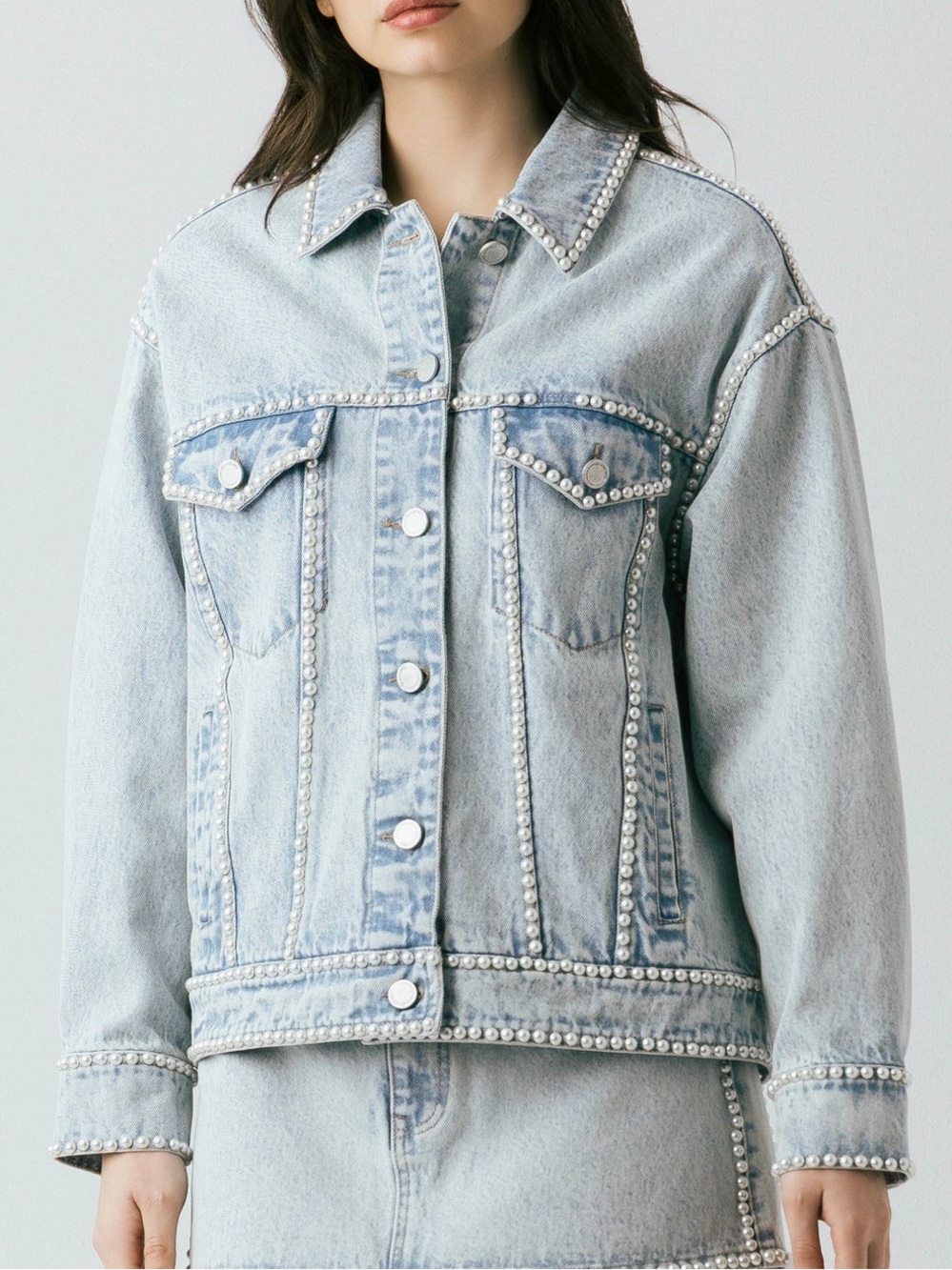 Blank NYC Breaker Light Wash Pearl-Embellished Denim Jacket